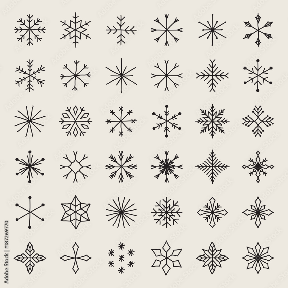 Set of hand drawn snowflakes. Delicate snow icon silhouettes. Vector illustration with editable strokes. Isolated on white background. Winter design elements for christmas and seasonal greetings. Set of hand drawn snowflakes. Delicate snow icon silhouettes. Vector illustration with editable strokes. Isolated on white background. Winter design elements for christmas and seasonal greetings.