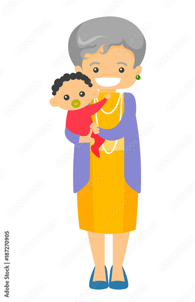 Happy senior caucasian white grandmother holding cute little baby grandson with pacifier. Vector cartoon illustration isolated on white background. Happy senior caucasian white grandmother holding cute little baby grandson with pacifier. Vector cartoon illustration isolated on white background.