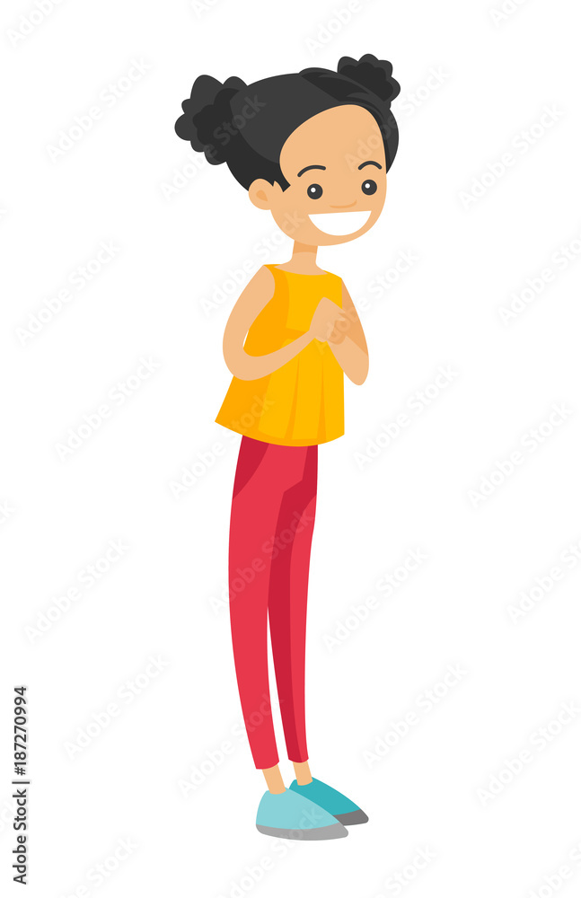 Full length of little caucasian white smiling girl standing and posing. The concept of childhood. Vector cartoon illustration isolated on white background. Full length of little caucasian white smiling girl standing and posing. The concept of childhood. Vector cartoon illustration isolated on white background.