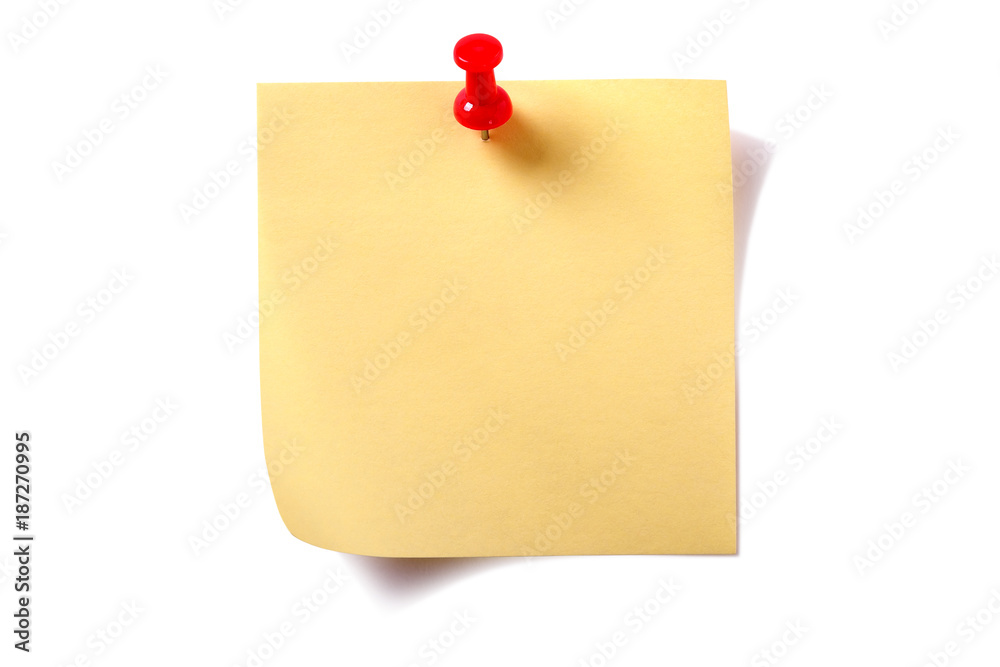 One single yellow square sticky post it note with pushpin curled corner and shadow isolated on white background photo One single yellow square sticky post it note with pushpin curled corner and shadow isolated on white background photo
