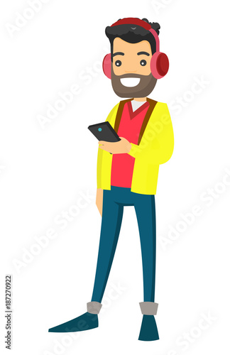 Young caucasian white hipster man using mobile phone while listening to music with wireless headphones. Vector cartoon illustration isolated on white background.