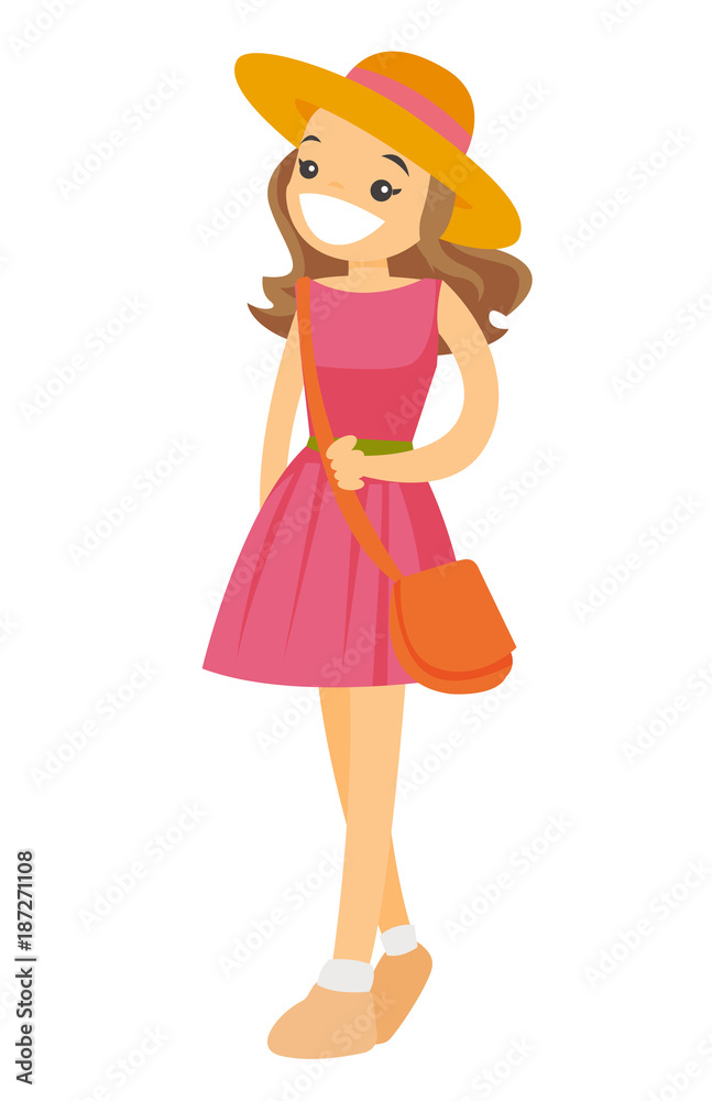 Young caucasian white smiling woman in pink dress and panama hat. Vector cartoon illustration isolated on white background. Young caucasian white smiling woman in pink dress and panama hat. Vector cartoon illustration isolated on white background.