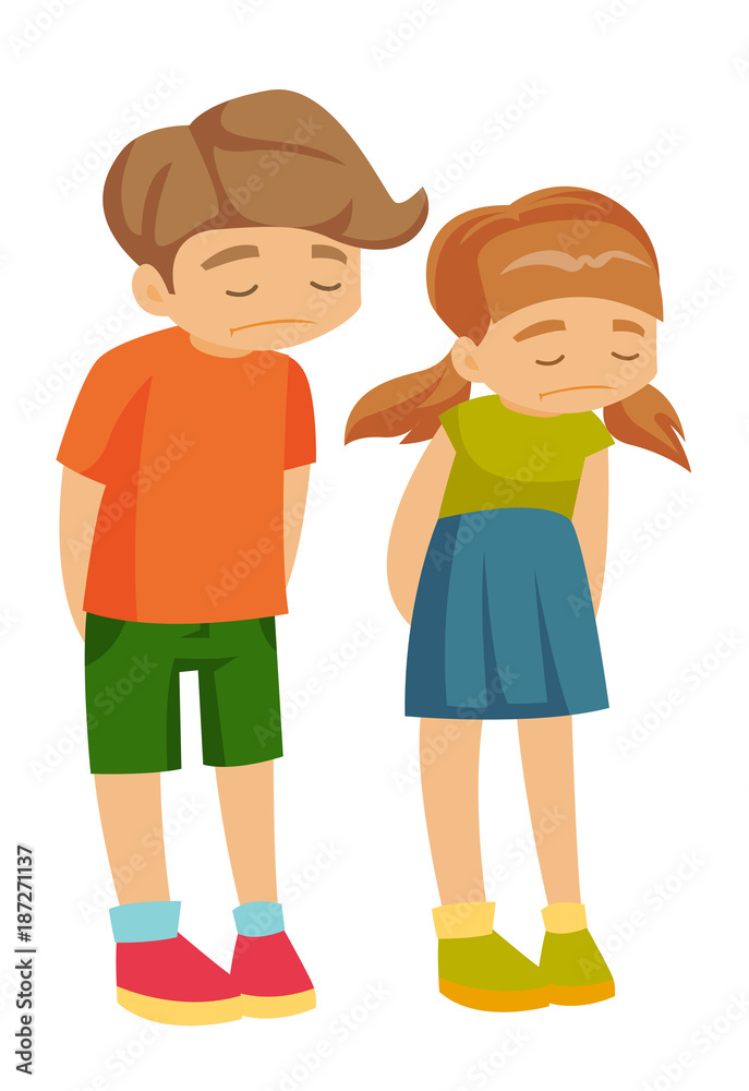 Little caucasian white upset offended girl and boy after punishment from parents. Vector cartoon illustration isolated on white background.