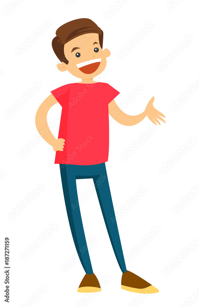 Full length of caucasian white teenage boy laughing and gesturing with his hands. Vector cartoon illustration isolated on white background. Full length of caucasian white teenage boy laughing and gesturing with his hands. Vector cartoon illustration isolated on white background.