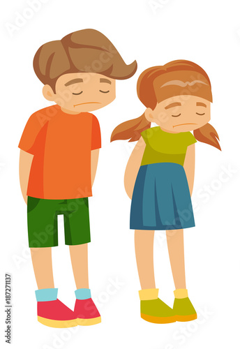 Little caucasian white upset offended girl and boy after punishment from parents. Vector cartoon illustration isolated on white background.