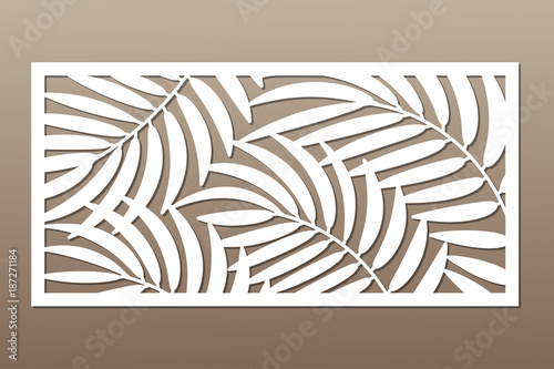 Decorative card for cutting. Palm leaf pattern. Laser cut. Ratio 1:2. Vector illustration.