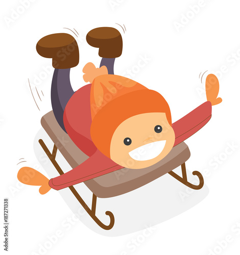 Happy laughing caucasian white boy riding down on sleigh in the winter park. Concept of outdoor winter leisure activity. Vector cartoon illustration isolated on white background.