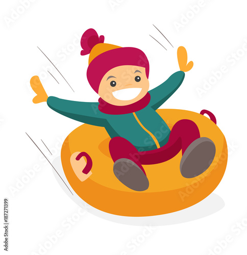 Young active cheerful caucasian white boy enjoying a ride on snow rubber tube in the winter park. Concept of outdoor winter leisure activity. Vector cartoon illustration isolated on white background.