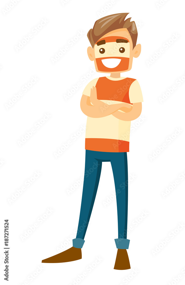 Young caucasian white happy sport fan in orange outfit standing with folded arms. Sport fan watching game. Vector cartoon illustration isolated on white background.
