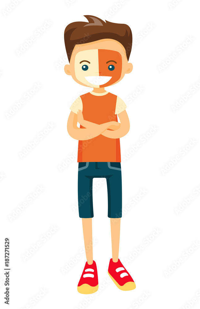Little caucasian white happy sport fan in orange outfit standing with folded arms. Teenage sport fan watching game. Vector cartoon illustration isolated on white background.