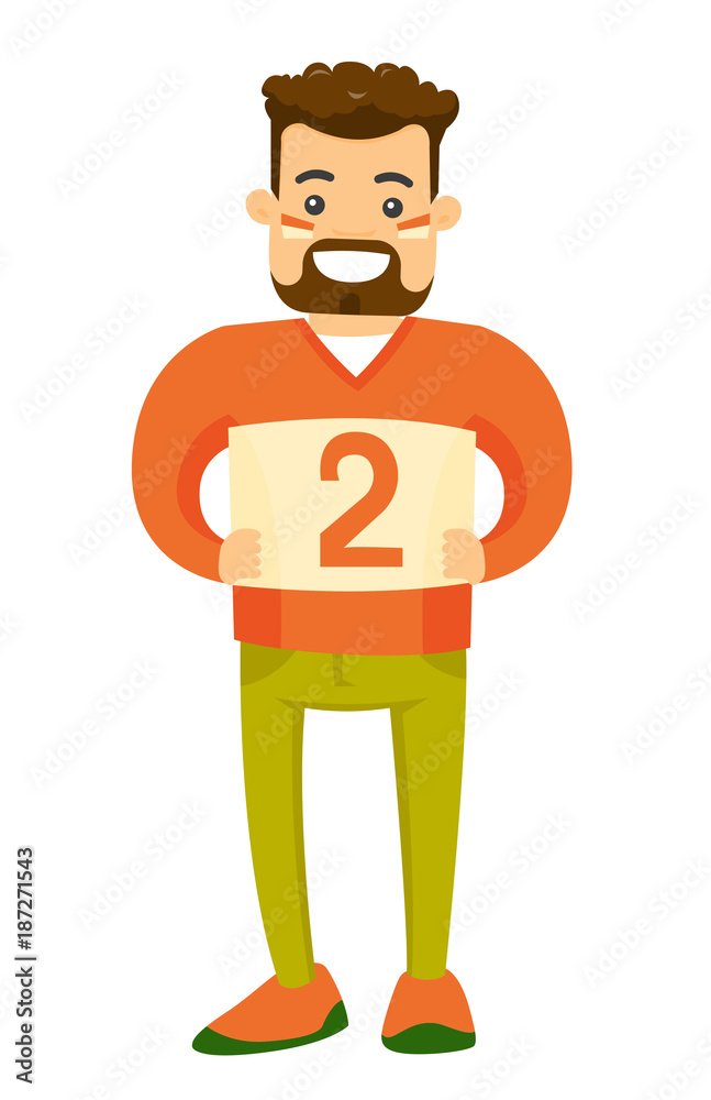 Young caucasian white happy sport fan in orange outfit supporting his team. Cheerful sport fan watching game and clenching fists. Vector cartoon illustration isolated on white background.