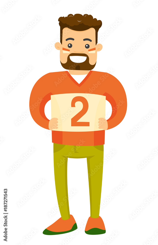 Young caucasian white happy sport fan in orange outfit supporting his team. Cheerful sport fan watching game and clenching fists. Vector cartoon illustration isolated on white background. Young caucasian white happy sport fan in orange outfit supporting his team. Cheerful sport fan watching game and clenching fists. Vector cartoon illustration isolated on white background.