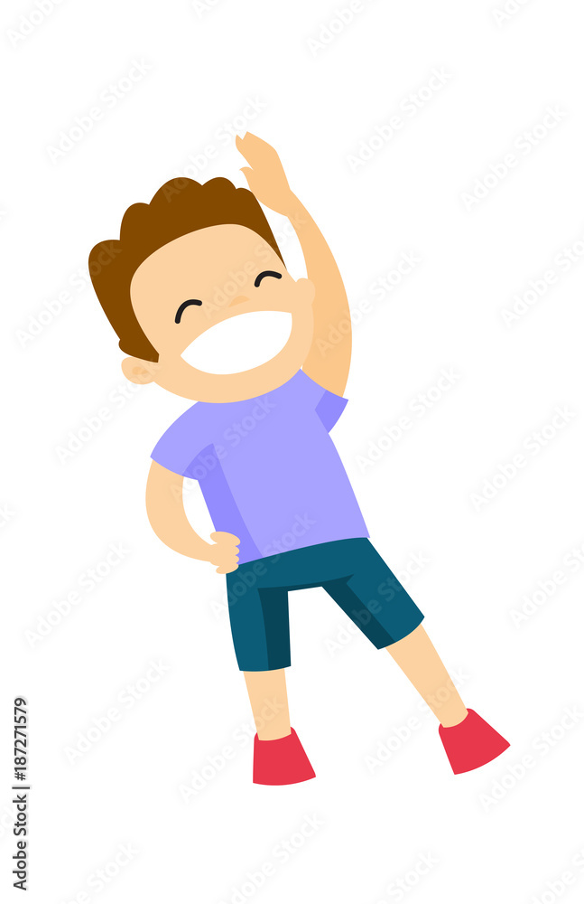Little happy caucasian white boy doing stretching warm up exercise. Vector  cartoon illustration isolated on white background. Stock Vector | Adobe  Stock