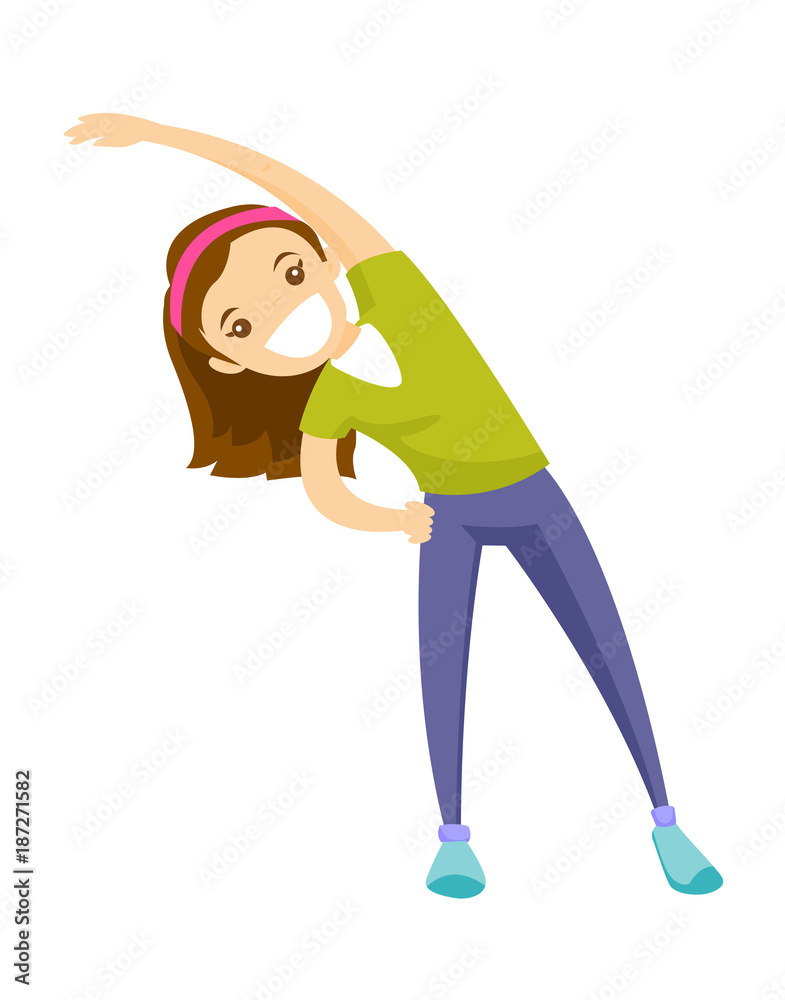 Young happy caucasian white girl doing stretching warm up exercise. Vector  cartoon illustration isolated on white background. Stock Vector | Adobe  Stock