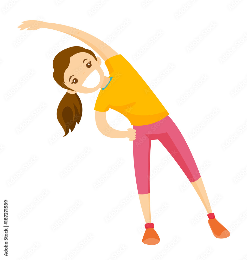 Young happy caucasian white woman doing stretching warm up exercise. Vector  cartoon illustration isolated on white background. Stock Vector | Adobe  Stock