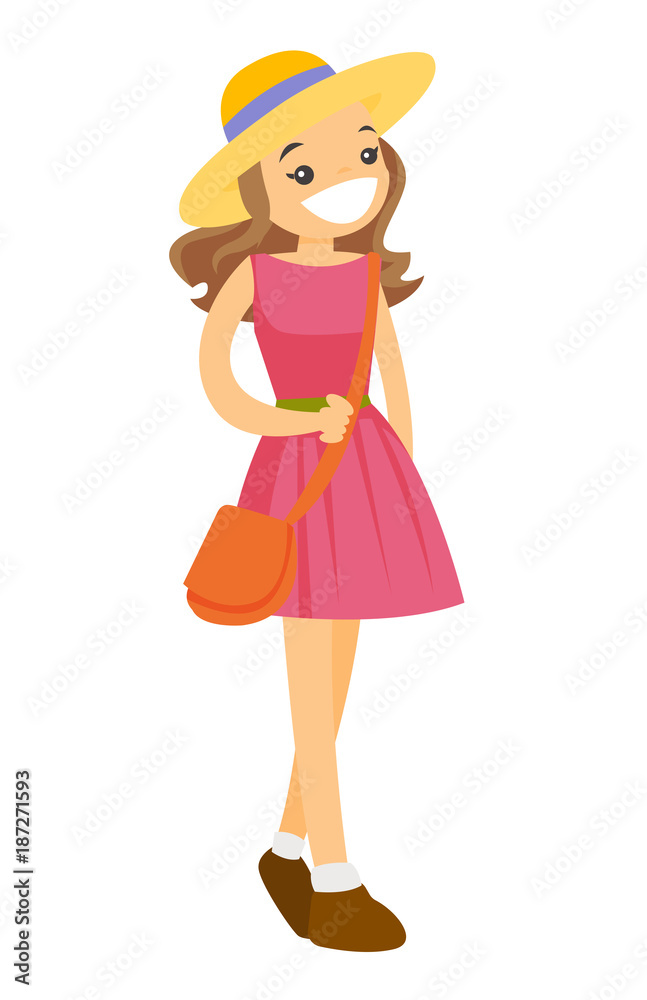 Young caucasian white smiling woman in pink dress and panama hat. Vector cartoon illustration isolated on white background. Young caucasian white smiling woman in pink dress and panama hat. Vector cartoon illustration isolated on white background.
