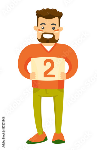 Young caucasian white happy sport fan in orange outfit supporting his team. Cheerful sport fan watching game and clenching fists. Vector cartoon illustration isolated on white background.