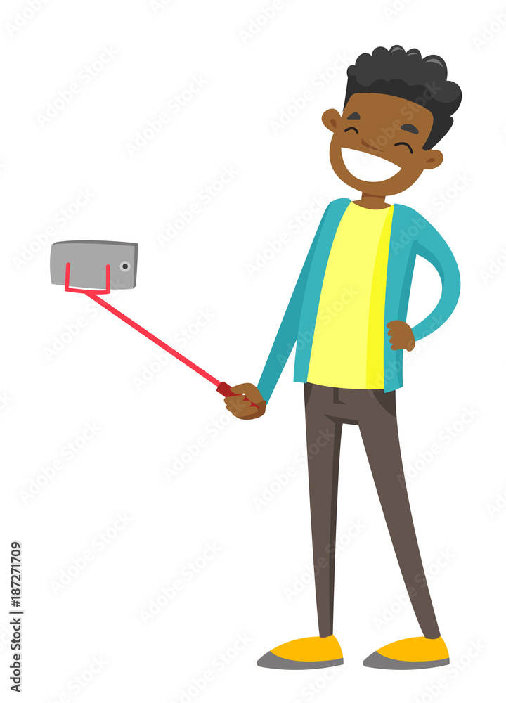 Happy smiling african-american teenager boy taking selfie photo or recording  video with smartphone and selfie stick. Vector cartoon illustration  isolated on white background. Stock Vector | Adobe Stock