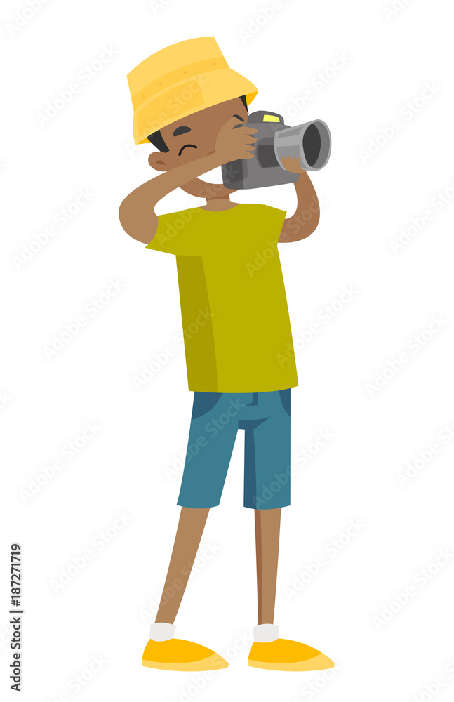Young african-american smiling boy holding photo camera and taking pictures. Vector cartoon illustration isolated on white background.