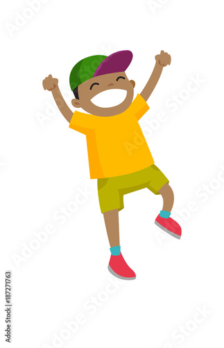 Excited emotional little active african-american boy jumping with raised hands up. Vector cartoon illustration isolated on white background.