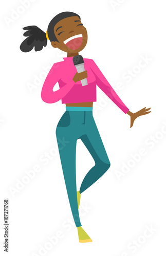 Young african-american woman singing karaoke. Cheerful woman having fun at karaoke party. Vector cartoon illustration isolated on white background.