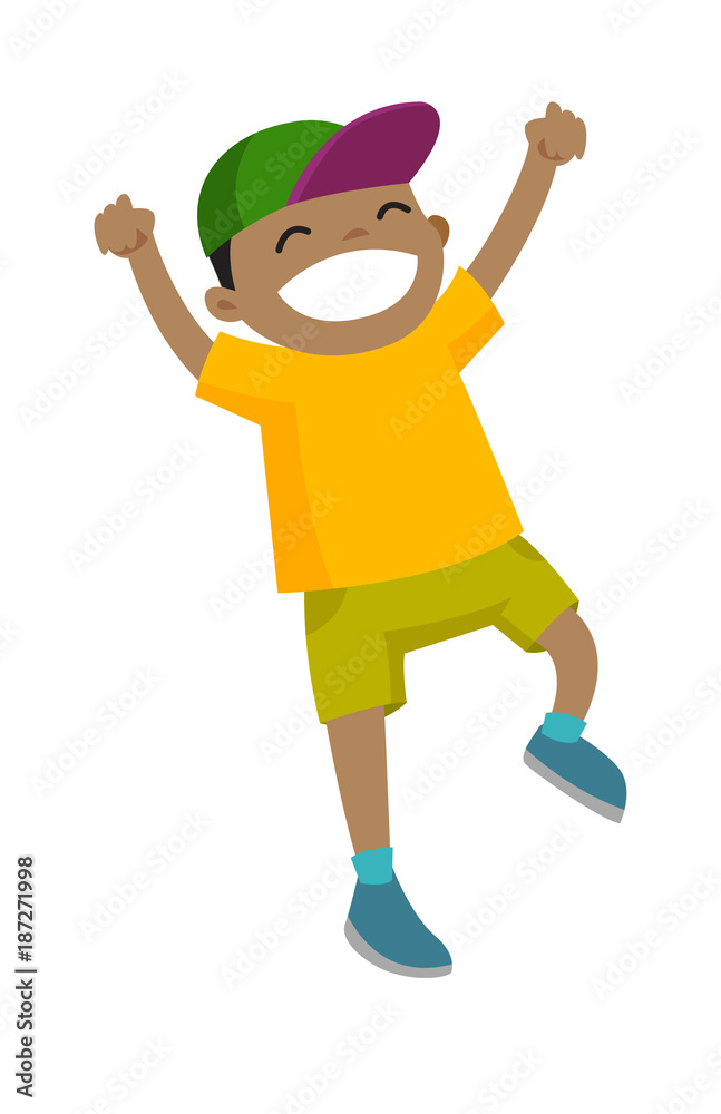 Excited emotional little active african-american boy jumping with raised hands up. Vector cartoon illustration isolated on white background.