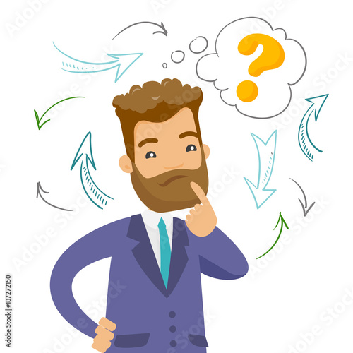 Young confused caucasian white hipster businessman thinking while standing under question mark and arrows. Concept of business thinking. Vector cartoon illustration isolated on white background.