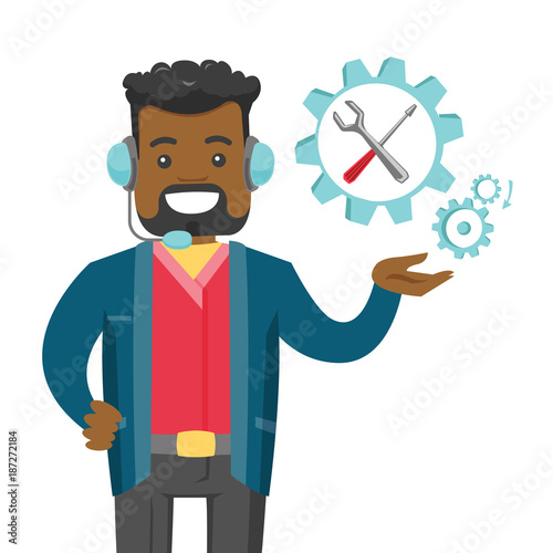 African-american cheerful operator of technical support wearing headphone set. Technical support operator and gear with screwdriver and wrench. Vector cartoon illustration isolated on white background