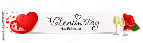 Valentinstag - Banner mit offener Herz Schachtel, Herz Konfetti, Sekt und roter Rose 