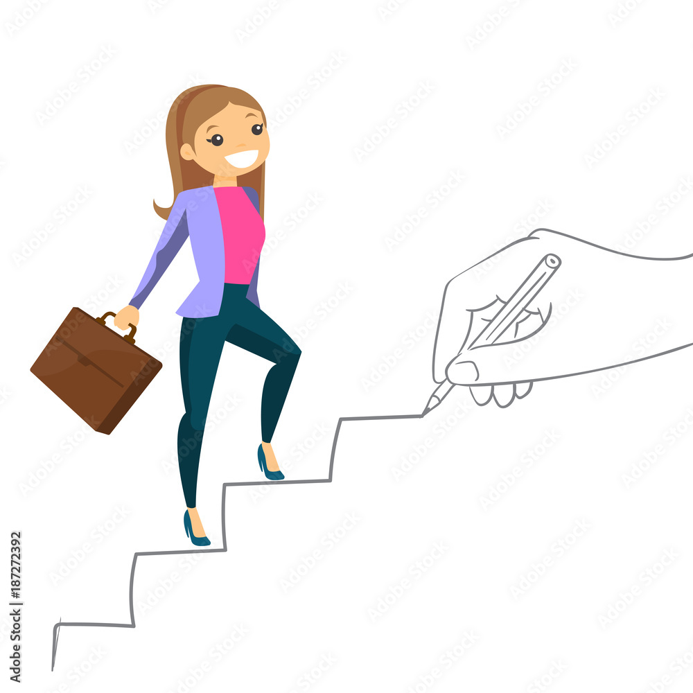 Young caucasian white business woman running up the stairs drawn by