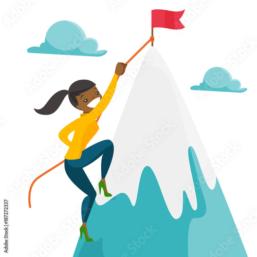 Risky african woman climbing on the peak of mountain with a flag symbolizing business goal. Business goal, achievement and motivation concept. Vector cartoon illustration isolated on white background.