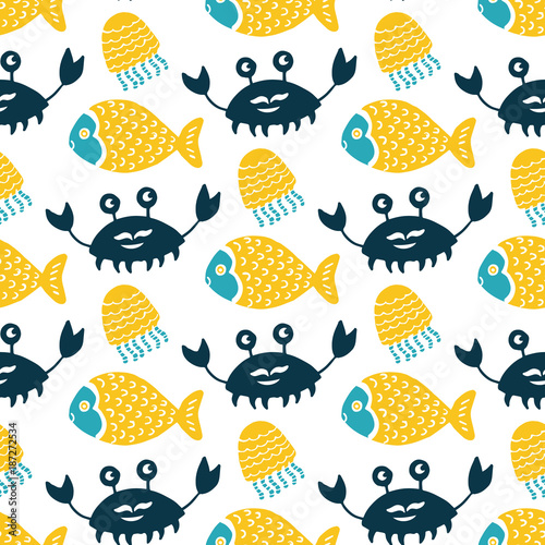 Colorful fish cartoon seamless vector pattern