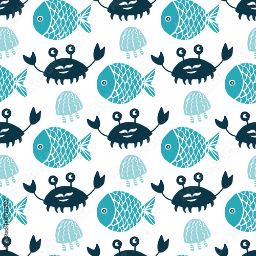 Colorful fish cartoon seamless vector pattern