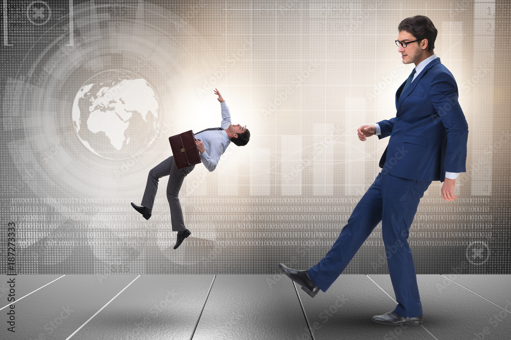 Bad angry boss kicking employee in business concept Bad angry boss kicking employee in business concept
