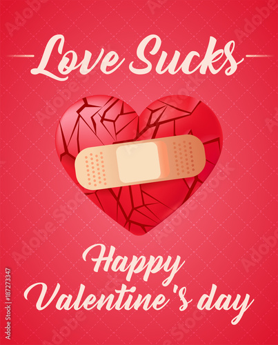 Broken heart sealed with medical band-aid. Red glass shards 