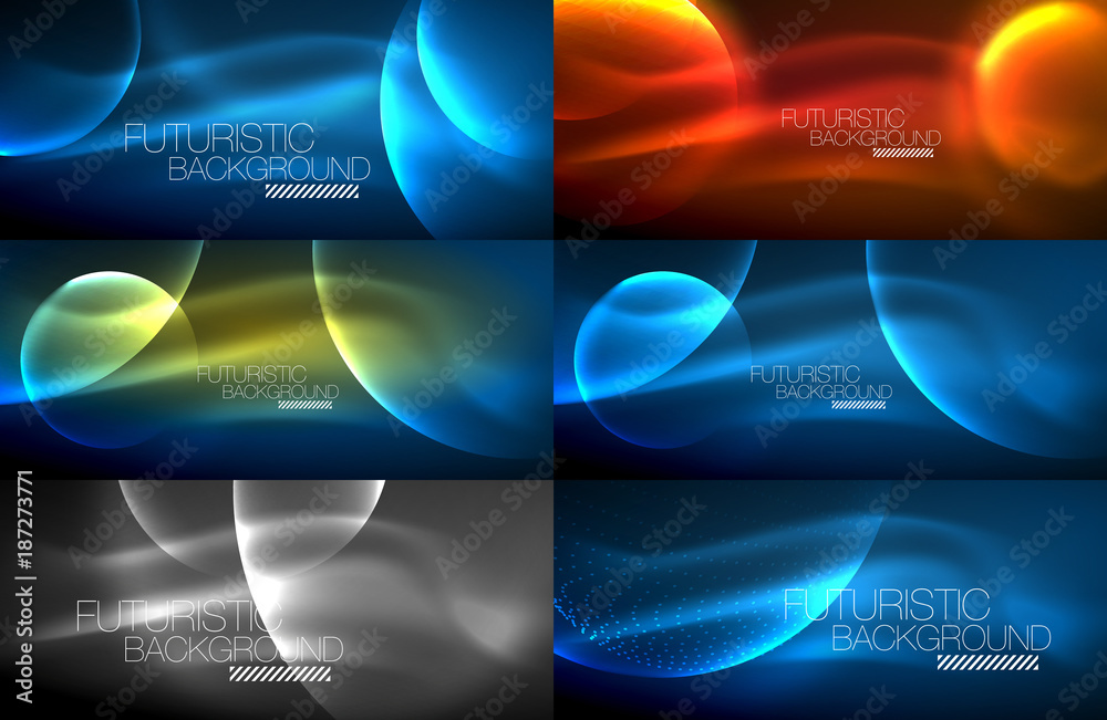 Collection of neon glowing particle waves