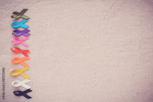 colorful ribbons, cancer awareness, World cancer day background, Autism spectrum, disorder concept