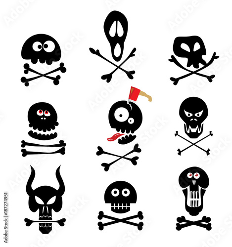 Funny skulls black icons set. Vector illustration