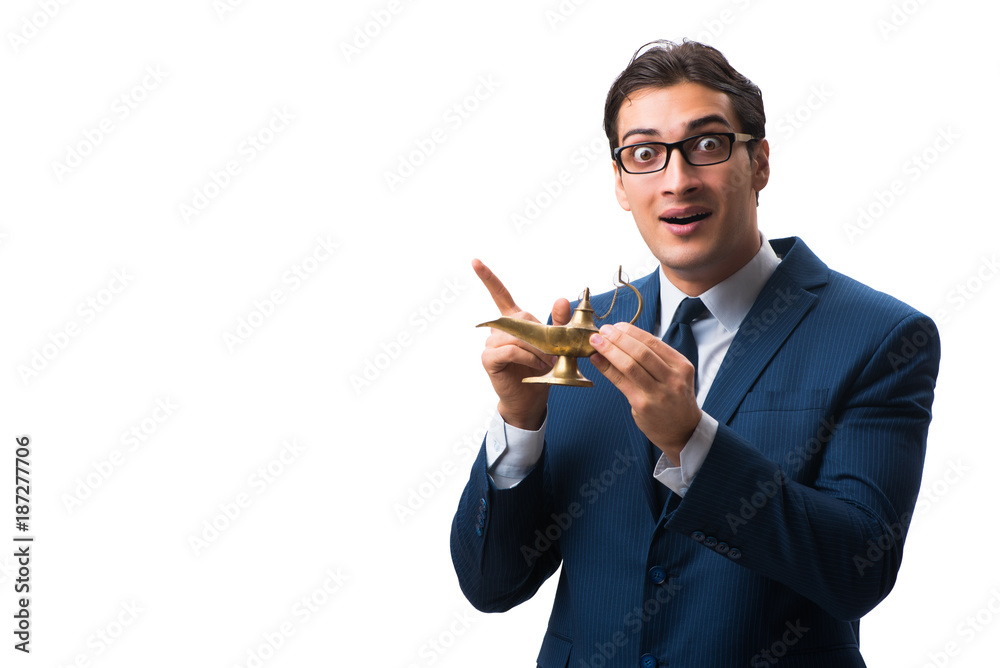 Businessman with magic lamp isolated on white Businessman with magic lamp isolated on white