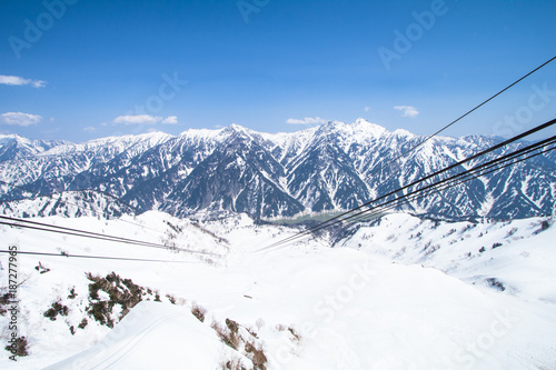 The snow mountains  of Tateyama Kurobe alpine  and  Cable car  line to Tateyama with blue sky  background is  one of the most important and popular natural place in Toyama Prefecture, Japan.