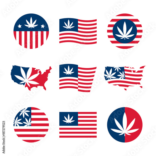 American flag, USA map and cannabis - vector illustration and logo design elements. Marijuana legalization emblens