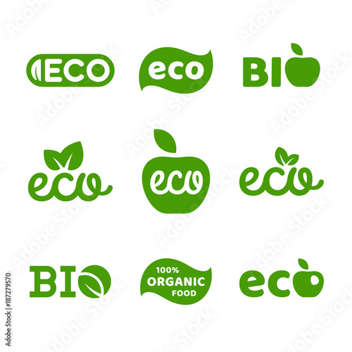 Eco food, organic bio products, eco friendly, vegan icons, ecology