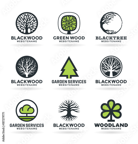 Vector trees with stylized green leaves, branches and roots. Set of nine icons and logo design elements
