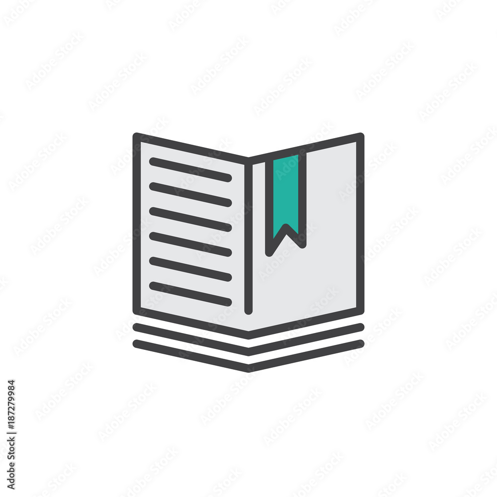 Open book with a bookmark filled outline icon, line vector sign, linear colorful pictogram isolated on white. Education symbol, logo illustration. Pixel perfect vector graphics