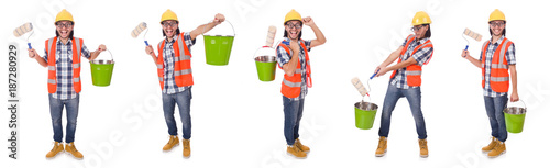 Funny painter with painting accessories isolated on white