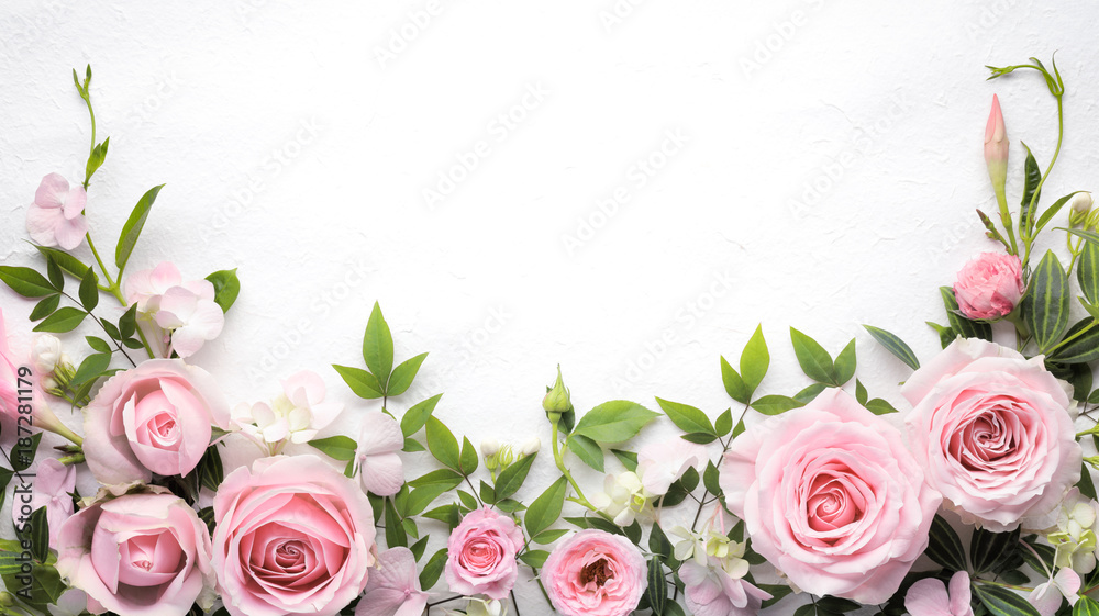Rose flower with leaves frame - obrazy, fototapety, plakaty 