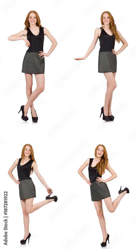 Fototapeta premium Red hair girl in gray dress isolated on white