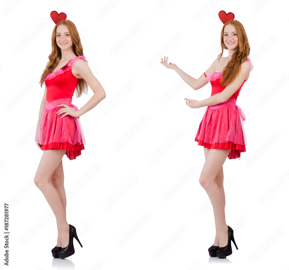 Pretty young model in mini pink dress isolated on white Pretty young model in mini pink dress isolated on white