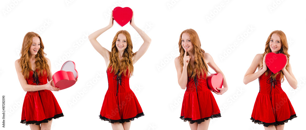 Young girl in red dress with heart casket isolated on white Young girl in red dress with heart casket isolated on white