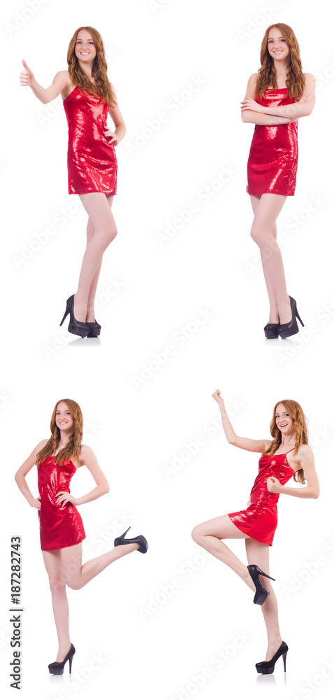 Woman in red dress isolated on white
